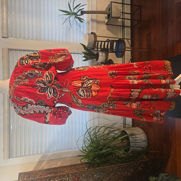 Anthropolgie x Conditions Apply Puff Sleeve Smocked Tropical Ruffle Maxi Dress 4 - Picture 4 of 11